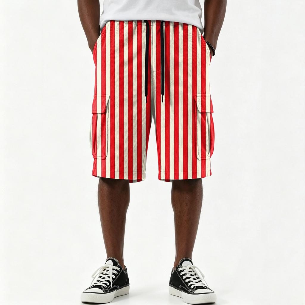 Men's Casual Striped Print Drawstring Shorts with Multiple Pockets Knee Length