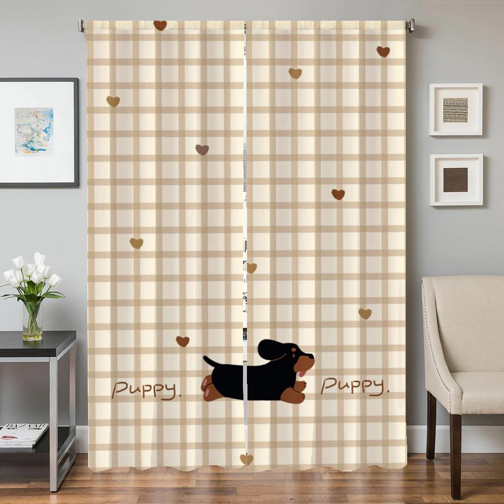 Fensterküchenvorhänge für Wohnzimmer 2 Stück Verdunkelungsvorhänge Türvorhang Cartoon Dackel Schlafzimmerdekoration Raumteiler