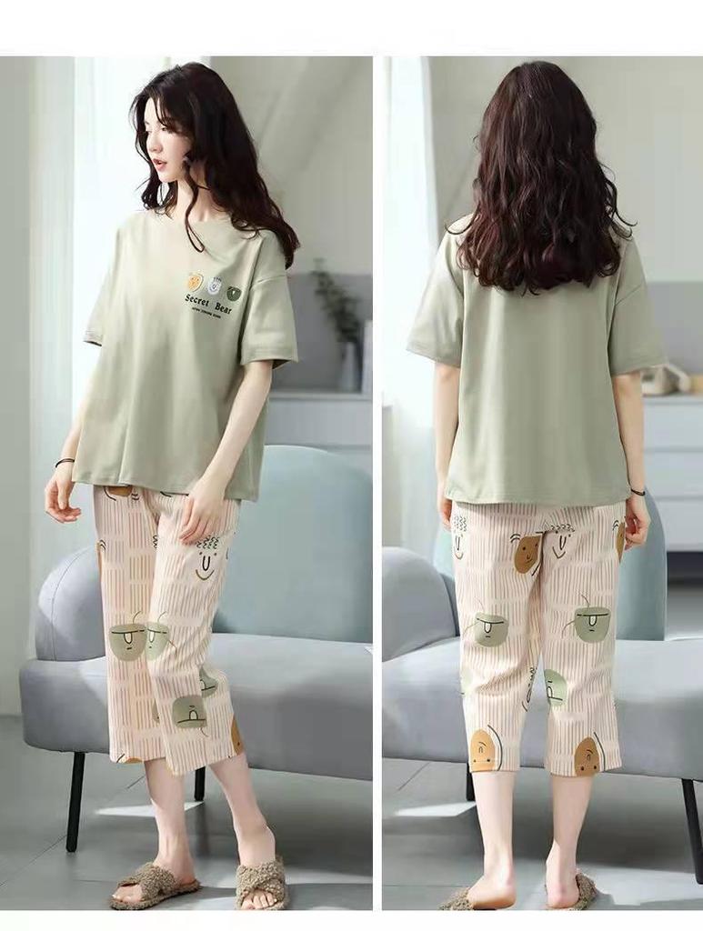 Korean Style Women's Summer Pajama Set – Imitation Cotton, Short Sleeve, Capri Pants, Thin, Cute, Plus Size