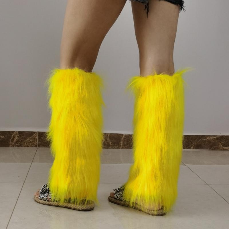 Fuzzy Boot Cuffs Leg Warmer for Women Girl Aesthetic Vintage Solid Color Bright Yellow Plush Leg Cover Knee Length Socks