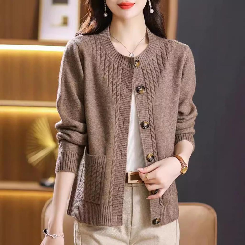 Kardigan s kulatým výstřihem a pleteným vzorem smažených koblih, dámský podzimní a zimní všestranný volný svetr s dlouhým rukávem