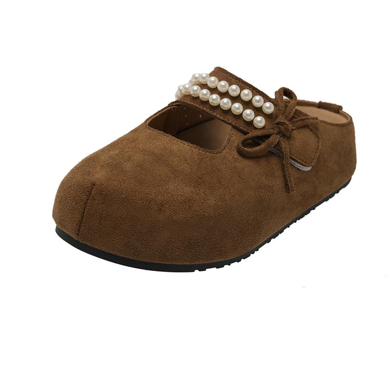 Fashion Flat Shoes Women Fashion Round Head Shallow Mouth Suede Beaded Butterfly Knot Soft Sole Anti-slip Wear Slippers