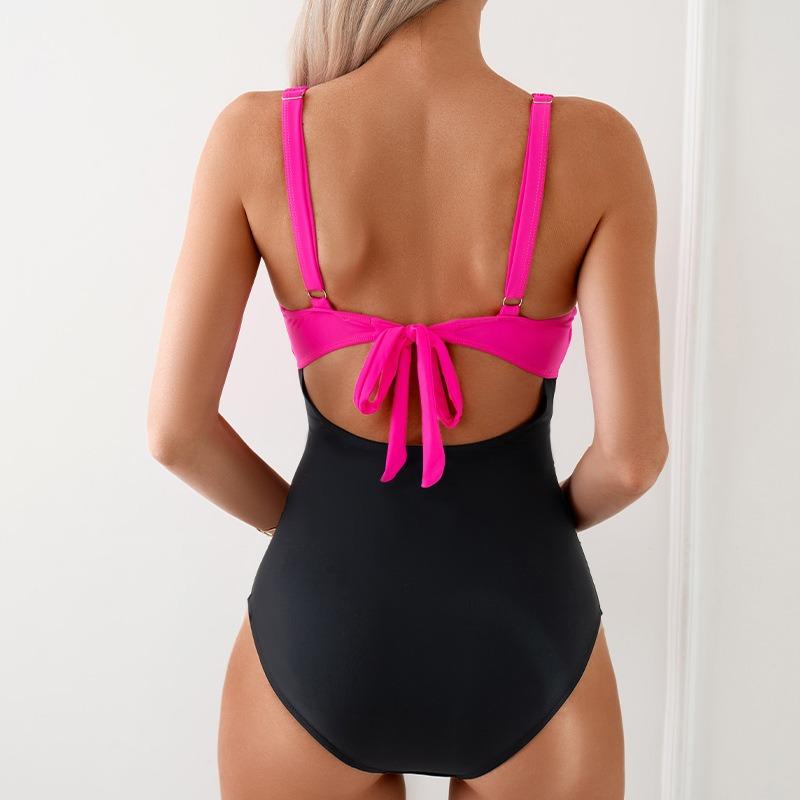 Women Color Block One Piece Swimsuit Quick Dry Slimming Tummy Coverage Bathing Suit