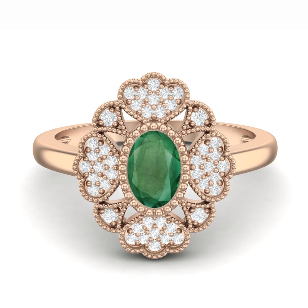 6X4 MM Oval Natural Emerald Designer Flower 925 Sterling Silver Rose Vermeil Women Wedding Ring