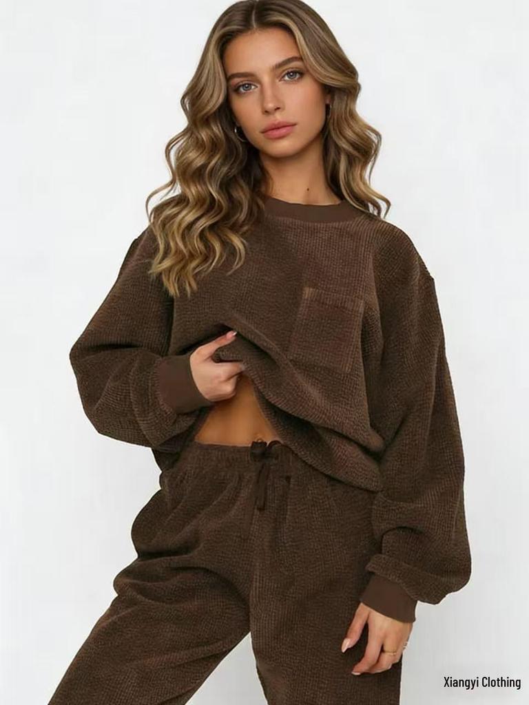 European & American Autumn/Winter Corduroy Solid Color Pullover with Foot-tie Pants Set