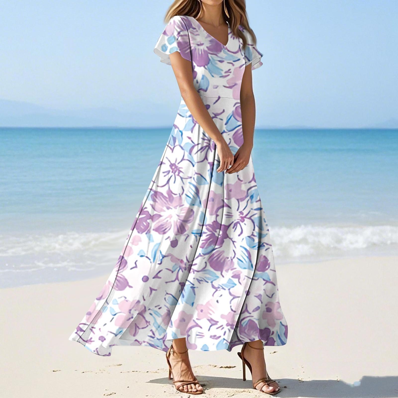 

Женские летние повседневные модные платья с цветочным принтом, платья с V-образным вырезом и коротким рукавом M фиолетовый