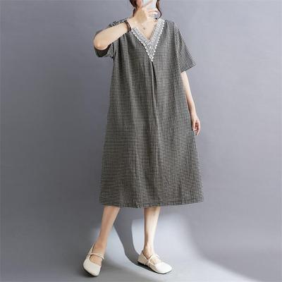 Bawełniana krata z krótkim rękawem Plus size w stylu vintage, nowa w sukienkach dla kobiet, luźna, długa letnia sukienka