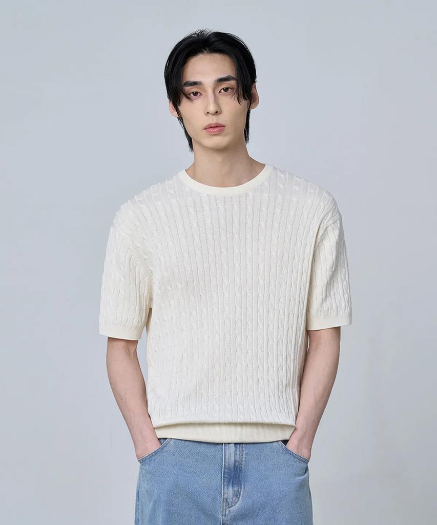 AGOD Cotton Modal Washable Crew Neck Cable Knit [Ivory]