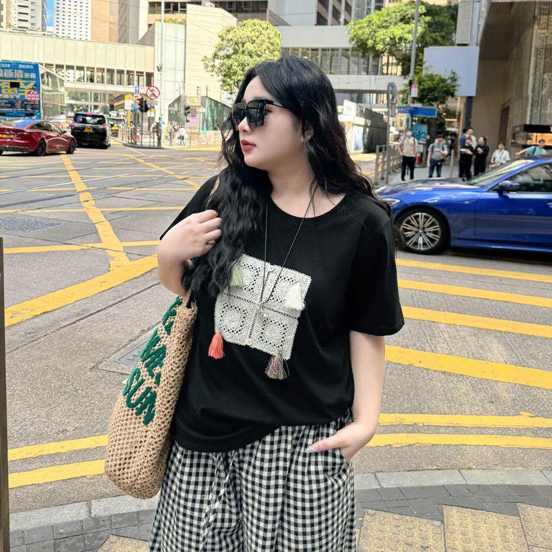 

Plus Size Women s Clothing [Hong Kong Style Street T] Retro Lace Crochet Tassel T-shirt Summer Plus Size Ladies round Neck Short Sleeve Tops Night Black-T-Shirt 9xl