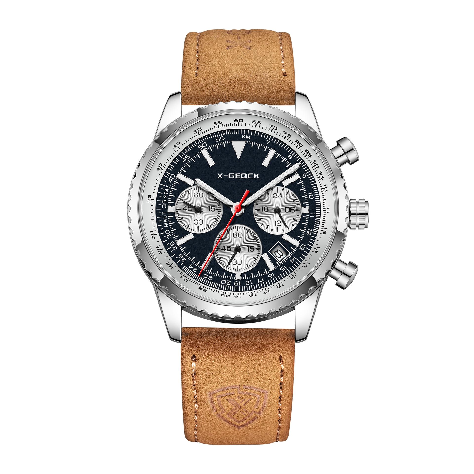 X-Geqck Three-Circle Luminous Waterproof Men S Quartz Watch Light Luxury Gold-Brown Belt Multi-Function Chronograph Watch