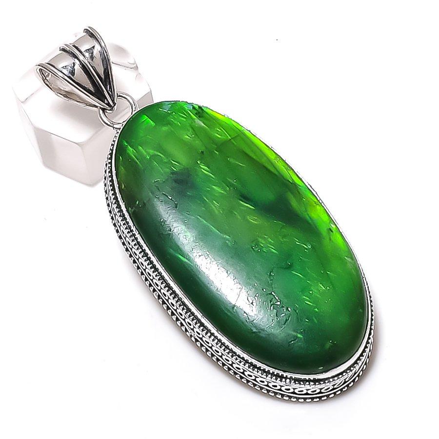 Green Labradorite Gemstone Handmade 925 Sterling Silver Pendant 2.76" s7K78