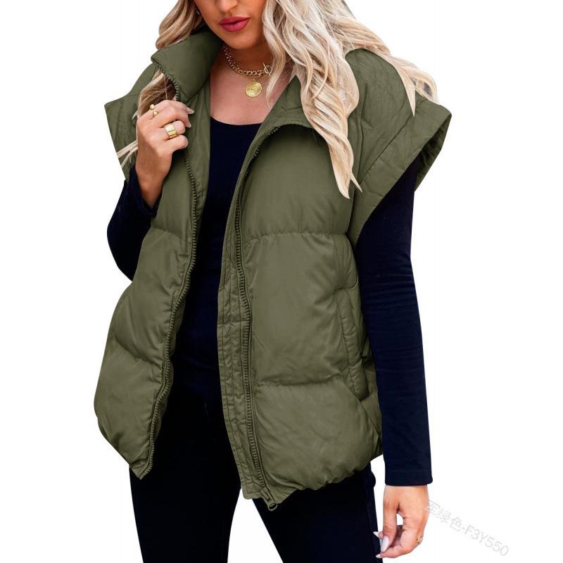Stylish European & American Women's Solid Color Zipper Pocket Cotton Vest - Stand Collar, Trendy Commuting Jacket