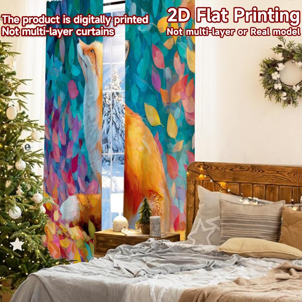 2pcs, 2D FLAT PRINTING Curtains (Without Rod) Autumn Fox(3) Holiday Printed Curtains Versatile Polyester Curtains Decorations