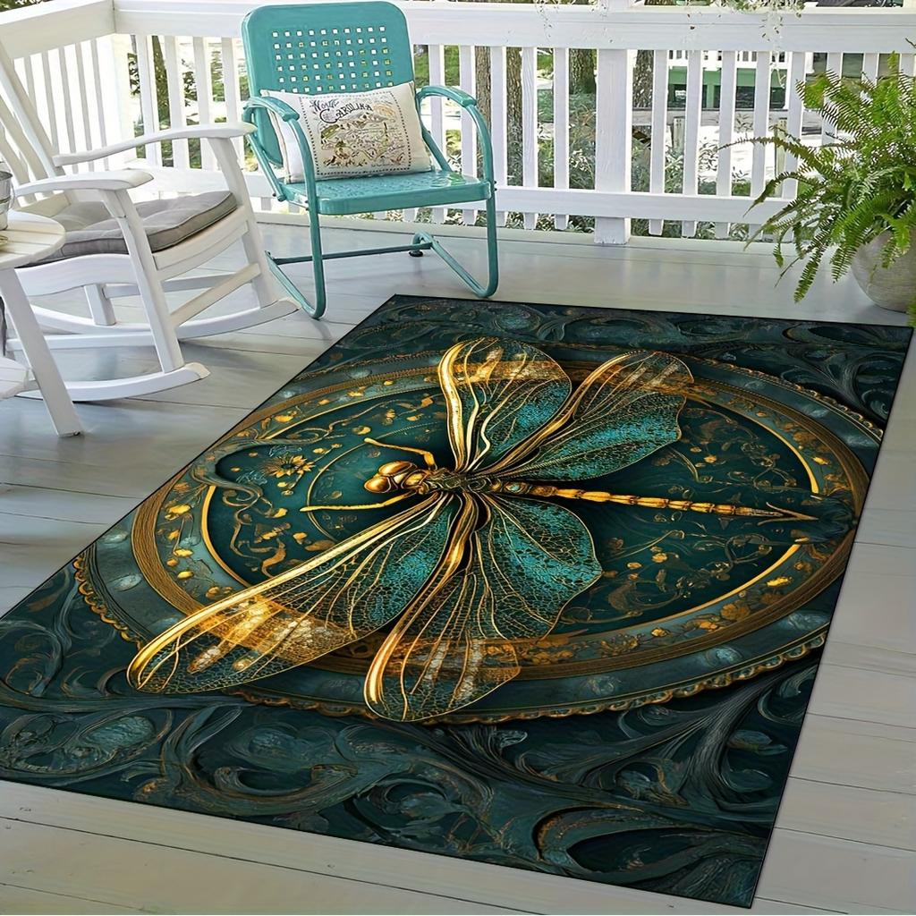 Teal Gold Dragonfly Mandala Print Carpet Plush Flannel Rug Living Room Bedroom Home Decor Area Rug Non Slip Floor Mat