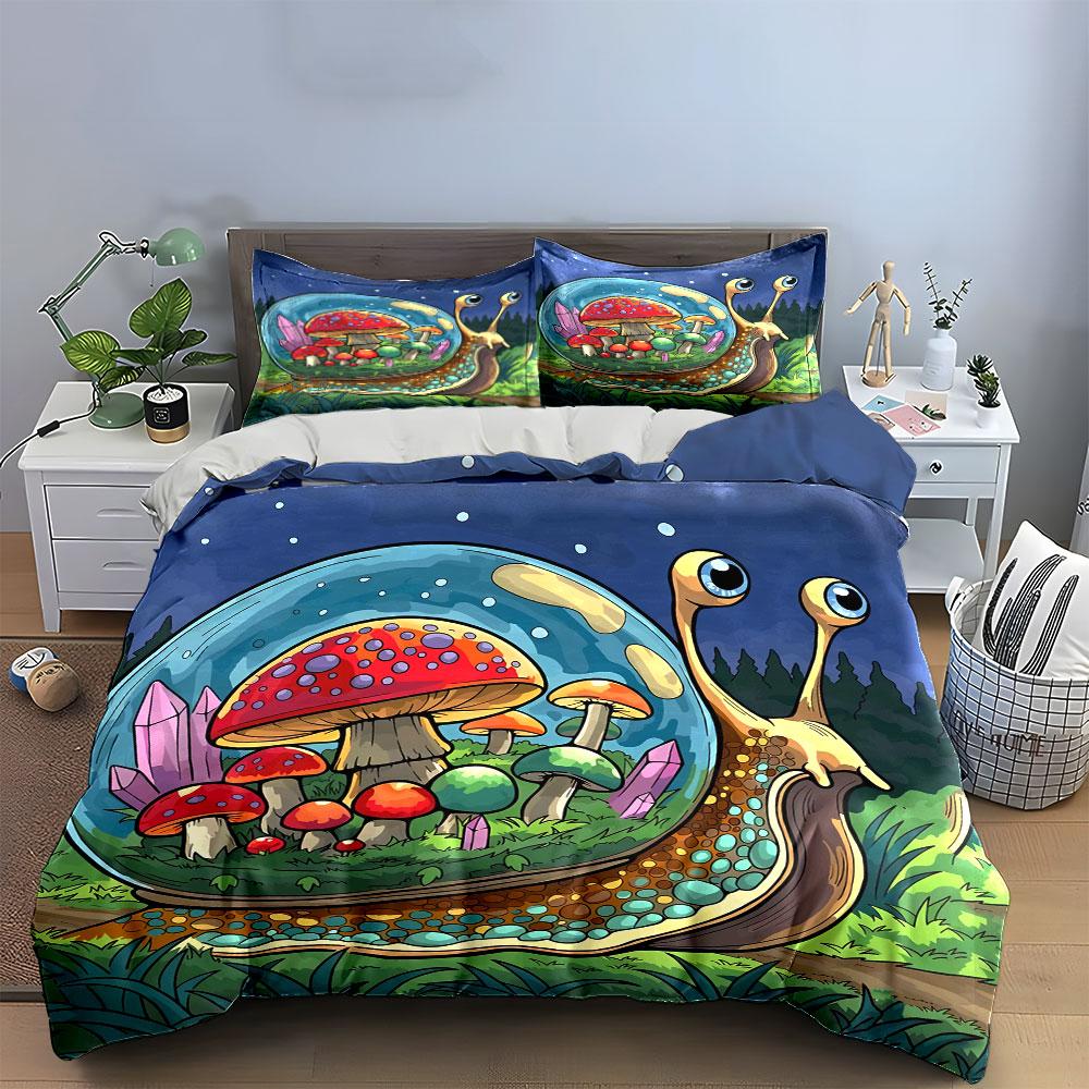 Snail Mushroom Fantasy Decoration Set Soft Skin-Friendly Bedding Set Includes 1 Duvet Cover And 2 Pillowcase Gift
