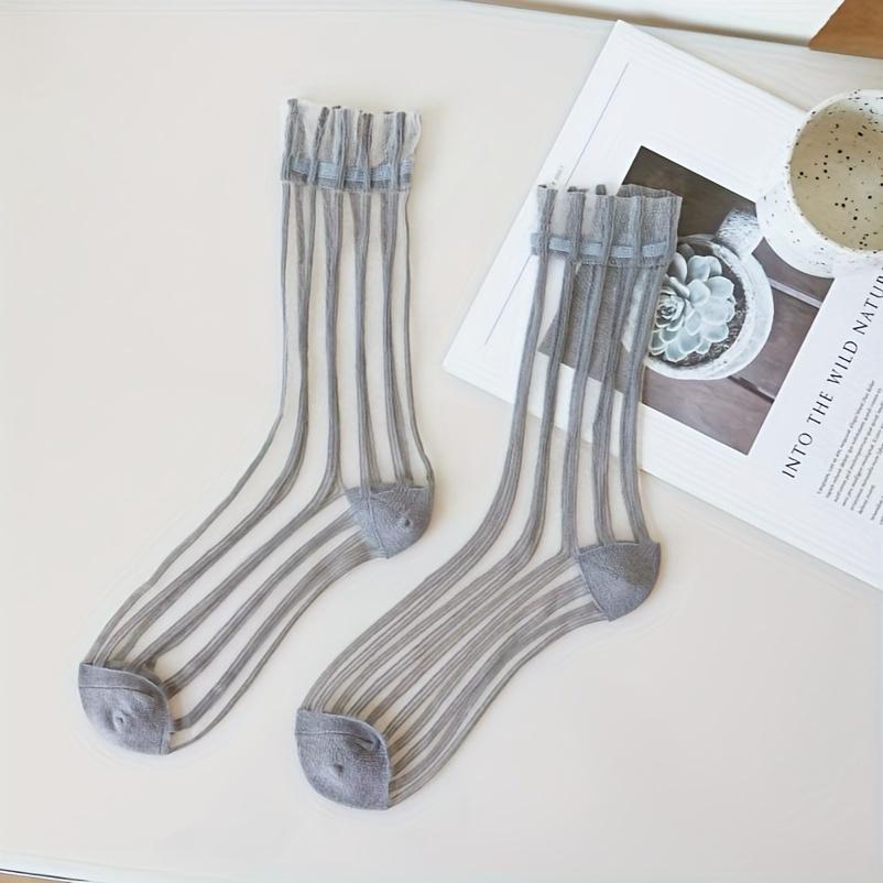 1pair Striped Glass Socks, Preppy Style Ultra-Thin Breathable Mid-Calf Socks, Women'S Long Socks And Hosiery, Spring Summer