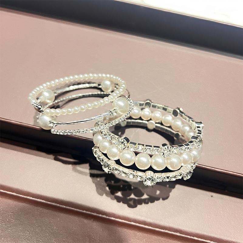 Multiple Shining Rhinestone Crystal Bracelet Pearl Cubic Zirconia Hand Wrist Bracelet Women Wedding Jewelry