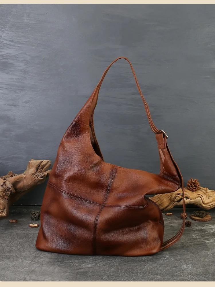 Johnature Large Capacity Genuine Leather Tote Bag Vintage Soft Cowhide Personalized Wide Shoulder Strap Shoulder Bag