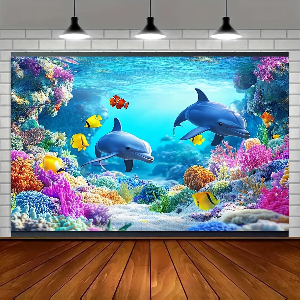 1Pcs background banner, dolphin coral underwater world pattern, indoor and outdoor ocean themed party decoration