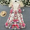 Spring Women Vintage Print Single Breasted Long Maxi Holiday Beach Dresses with Belt
