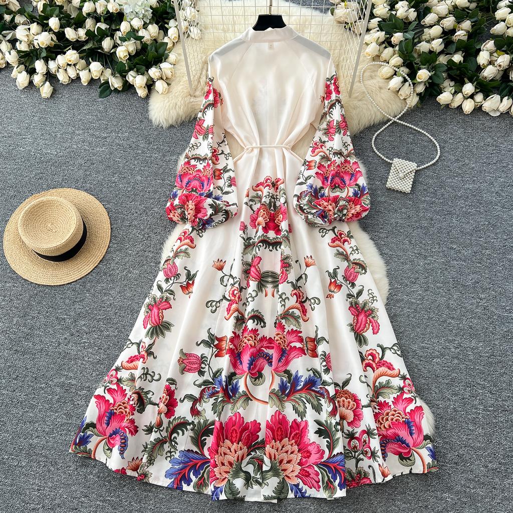 Spring Women Vintage Print Single Breasted Long Maxi Holiday Beach Dresses with Belt
