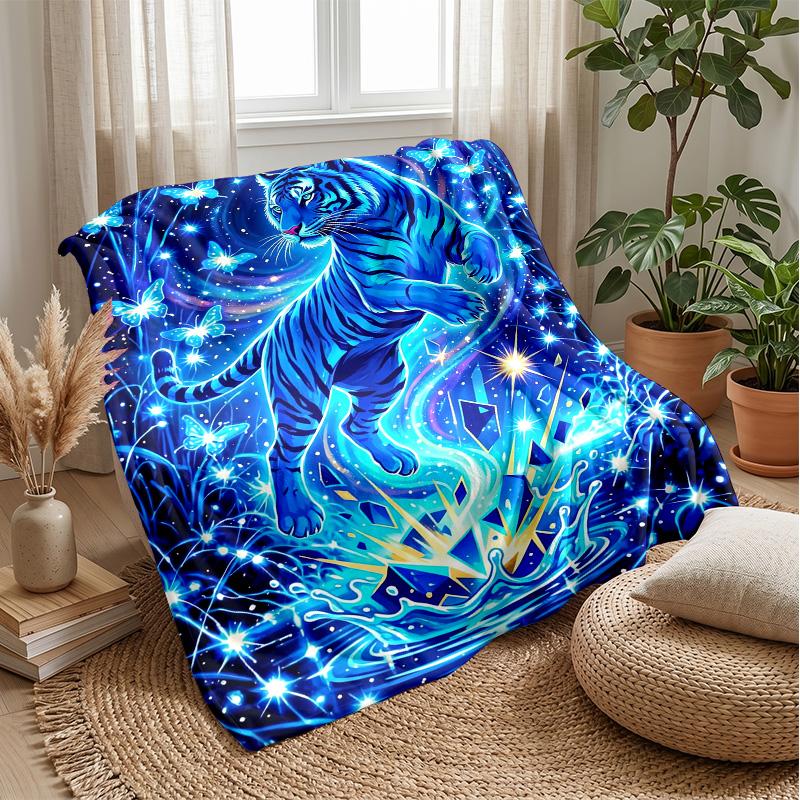 Blue Tiger Fantasy Blanket Personalized Name Flannel Blanket Soft Cozy Plush Throw for Sofa Bed Lightweight Home Decor