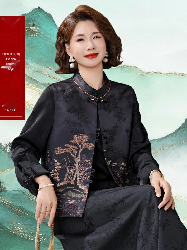 

2026 Spring Tang Suit Vest: Chinese Style Round Neck Jacket for Middle-Aged & Elderly Women 2XL (110-125 lbs) чёрный/фиолетовый