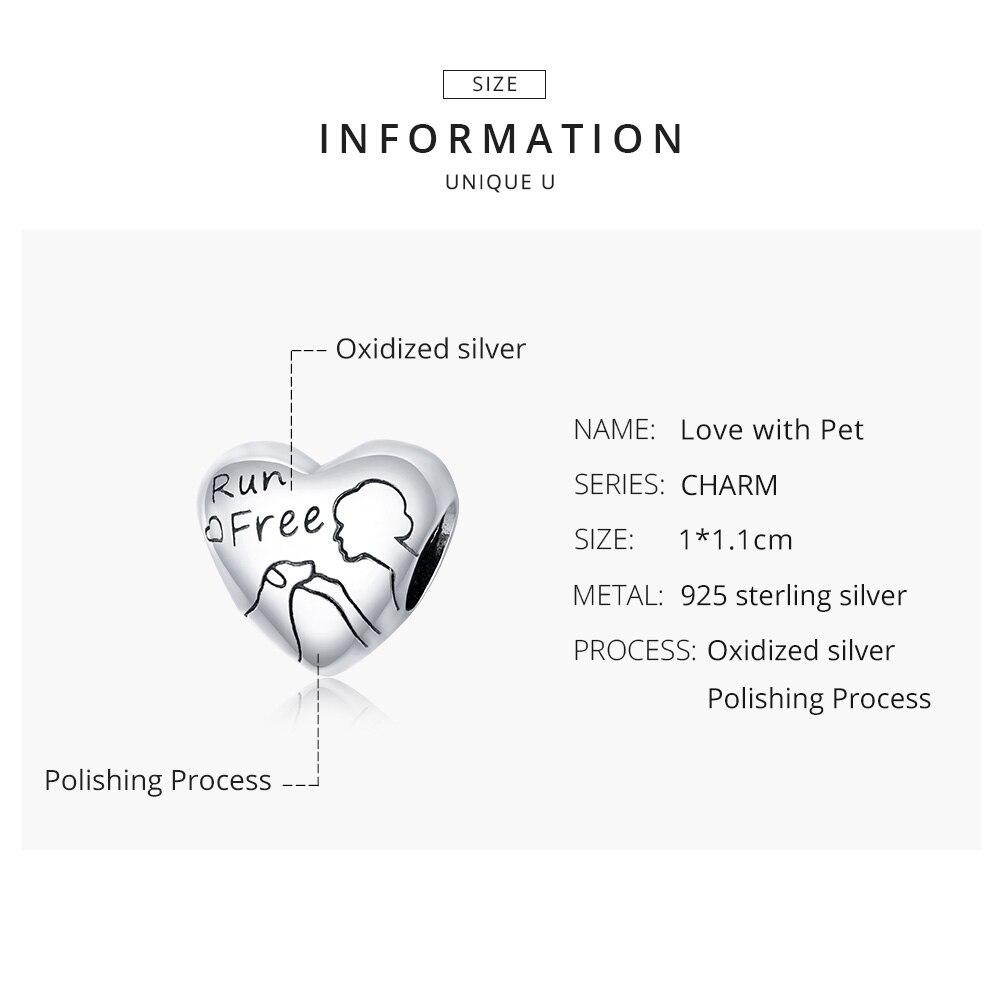 Bamoer Authentic 925 Sterling Silver Heart-shaped Charm Women Love with Pet Bead Jewelry Fit 3mm Snake Bracelet or Necklace DIY Jewelry