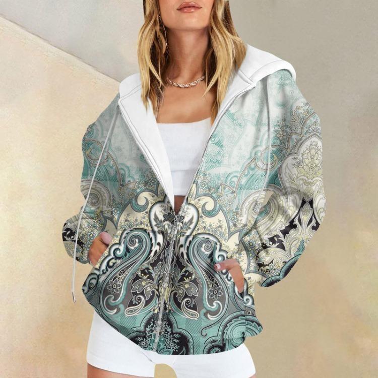 Damen Lässig Langarm Bedruckte Kapuzenpullover Sweatshirts Reißverschluss Pullover Textur Mantel Mode