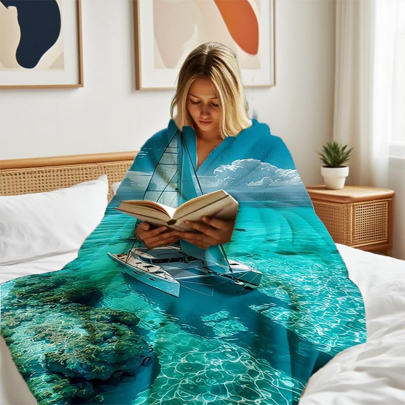 1Pc Nautical Sailboat Turquoise Ocean Blue & Turquoise All-Season Blanket - Soft Lightweight Throw For Couch, Bed, Camping, Trav