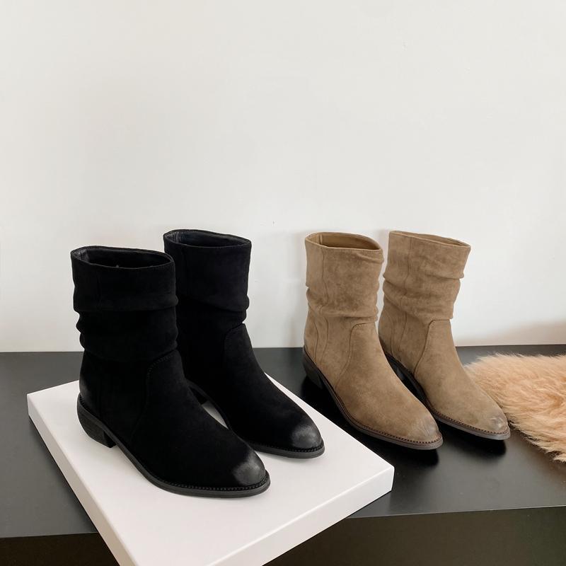 Pointed Thick Heel Piled Boots 2025 Autumn and Winter Korean Version New Thin Fashion Boots Temperament Suede Middle Heel Fashion Bare Boots
