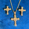 Ethnic Faith Cross Pendant Necklace & Earrings Set - Gold Plated Studs, Hip Hop Style Copper Jewelry