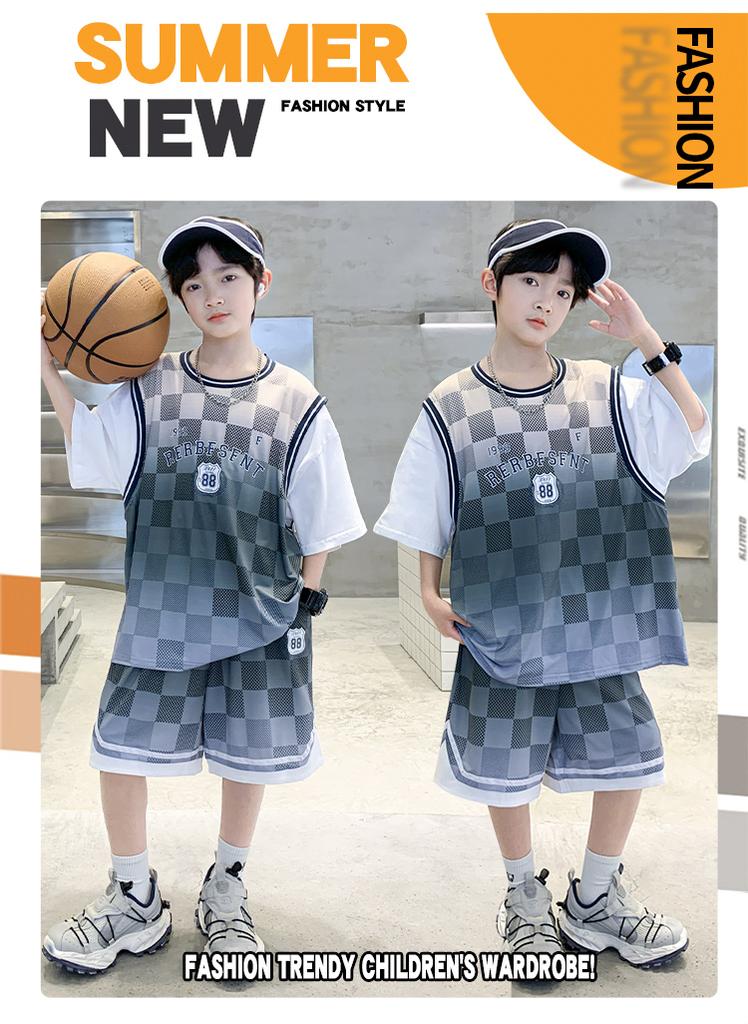 Boys' Basketball Suit Fake Two-piece Set, Summer Thin Ice Silk Quick Drying Sports Two-piece Set, Handsome