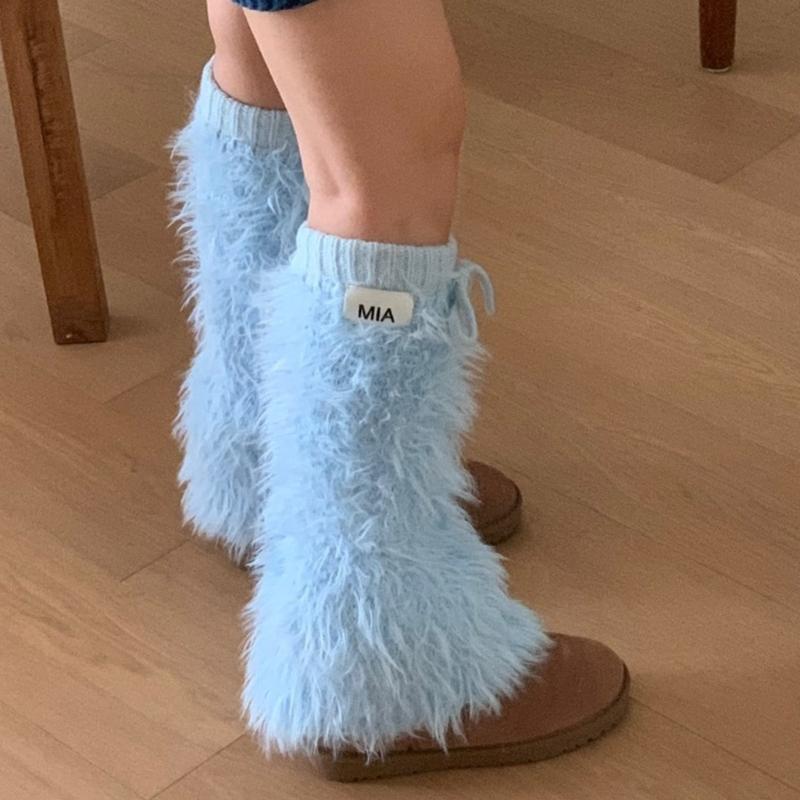 Womens Y2K Girls Winter Furry Leg Warmer wtih Drawstring Harajuku Letter Label Furry Plush Flared Boot Cover Long Socks