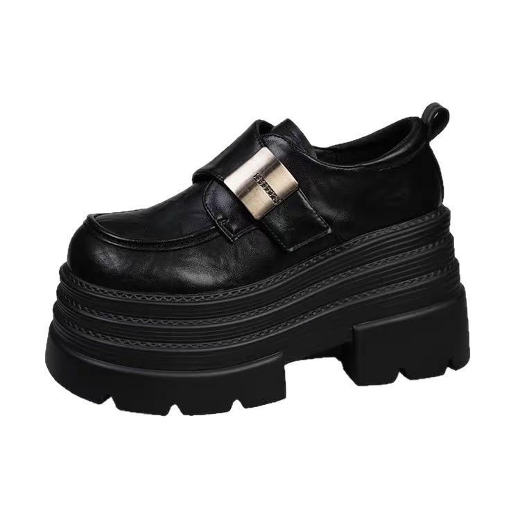 Thick-soled heightening British style small leather shoes women's 2025 new summer and autumn black giant comfortable shoes giant good-looking shoes s