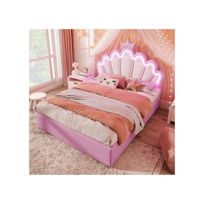 Lit - MUVOE - Lit Princesse Crown - 140 X 200 Cm - Tête De Lit Réglable - 2 Tiroirs De Rangement