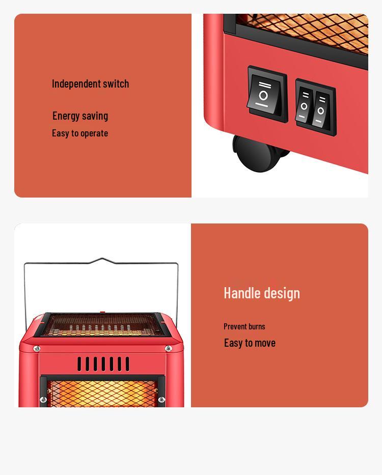 Silent Movable Five-Sided Quartz Tube Electric Fireplace Heater