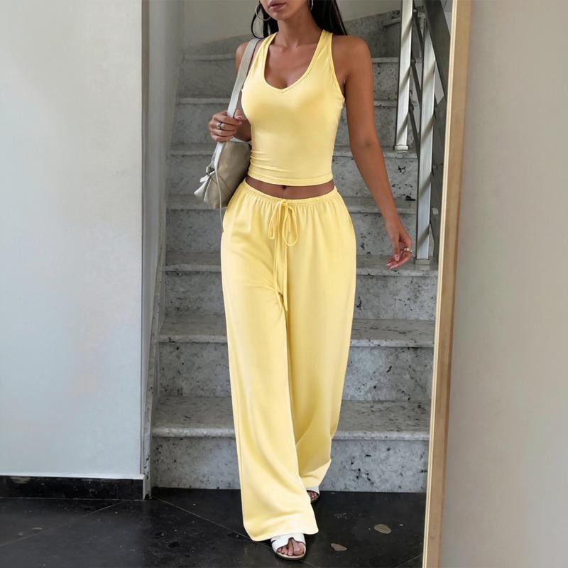 Women Sporty U Neck Halter Cami Wide Leg Pants Two Piece Set S жёлтый