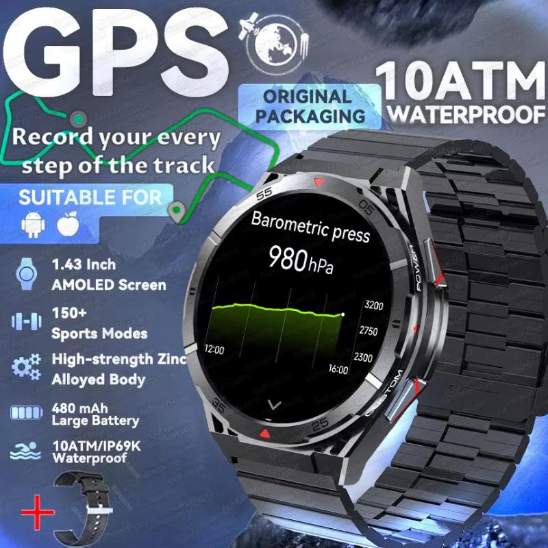 

2025 Новий Двочастотний Супутниковий GPS Смарт-годинник для Чоловіків 1.43 AMOLED Екран Компас Пульсометр BT Дзвінок IP69 Водонепроникний Годинник для Плавання Steel Belt B чорний
