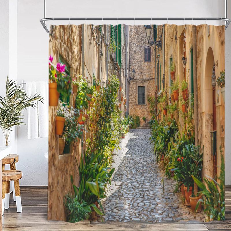 Seaside Town Shower Curtain Blue Ocean Floral Mountain Italian Architectural Scenery Bath Curtains Polyester Home Bathroom Decor