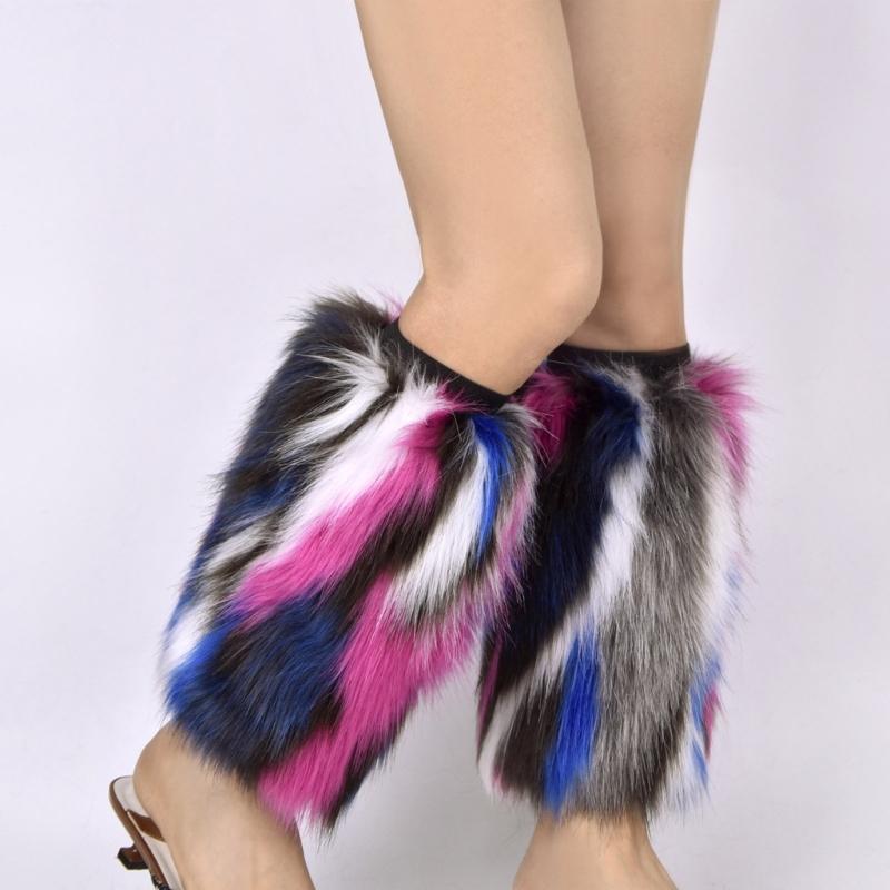 Womens Rainbow Colorful Furry Leg Warmers Autumn Winter Vintage Faux Fur Plush Boot Covers Cuffs Hipster Warm Socks