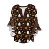 Women's V-neck Seven Quarter Sleeved Shirt Halloween Printed Top Casual Shirt