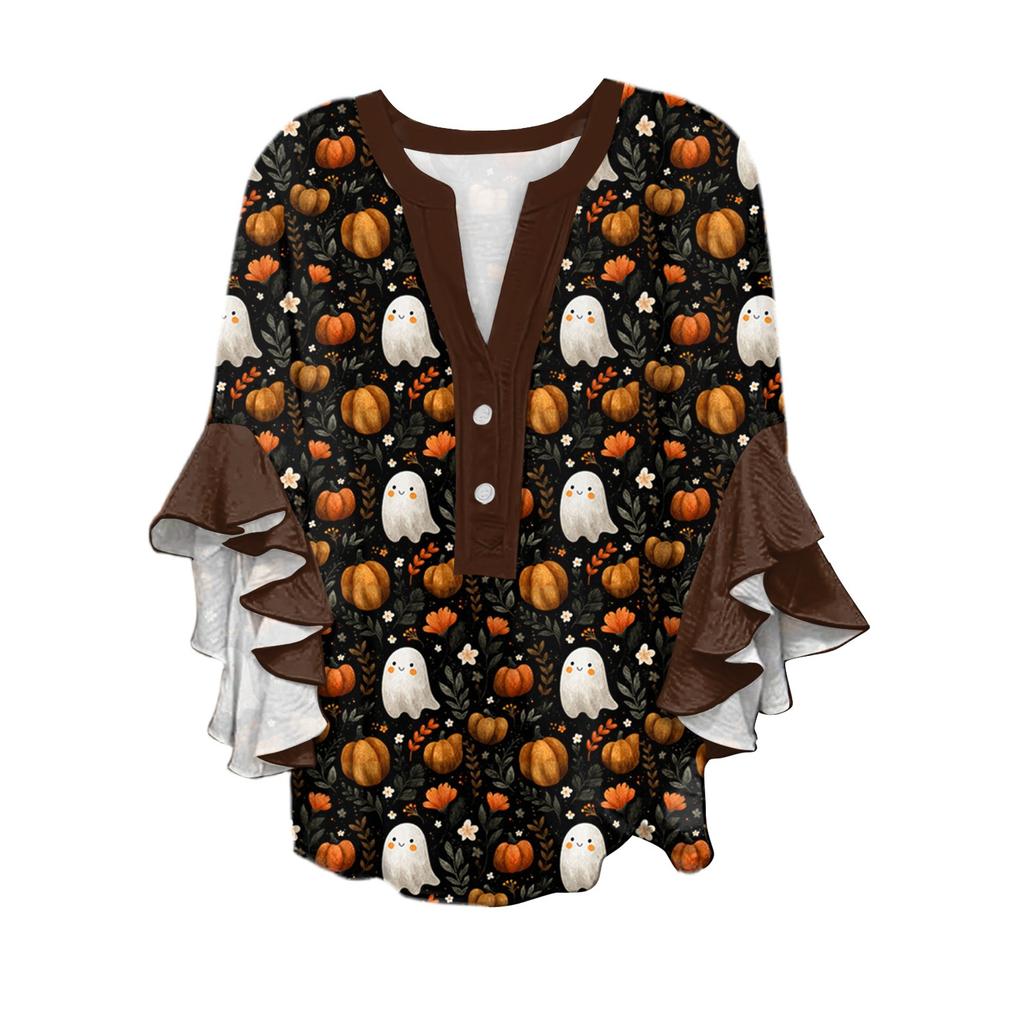 Women's V-neck Seven Quarter Sleeved Shirt Halloween Printed Top Casual Shirt