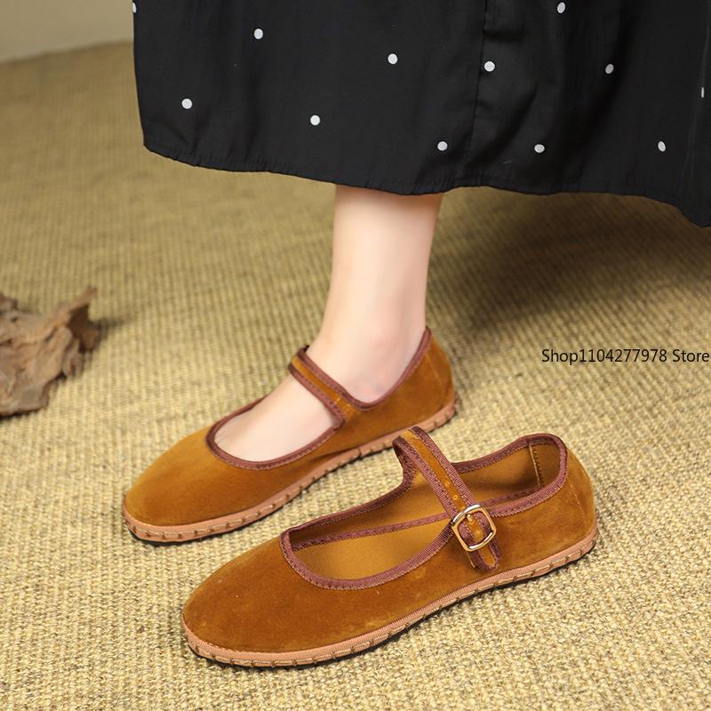 Fashion Velvet Mary Jane Shoes for Women Hand Stitch Casual Streetwear Ballet Flats Pumps Female Solid Color Red Cloth Shoes Loafers