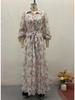 2024 Autumn European & American Gentle Lace-up Waist Slimming Floral Maxi Dress