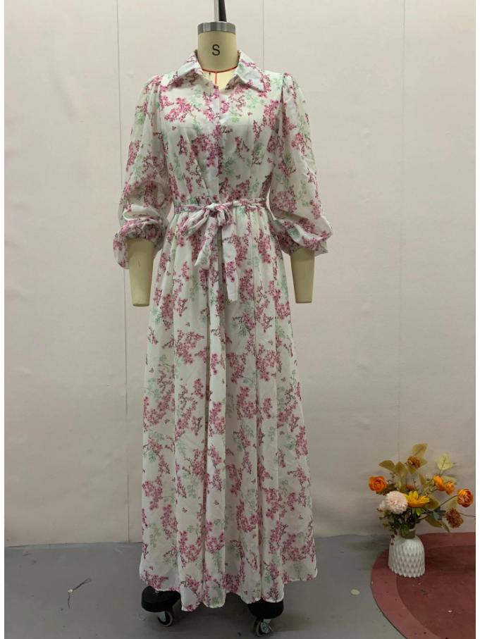 2024 Autumn European & American Gentle Lace-up Waist Slimming Floral Maxi Dress