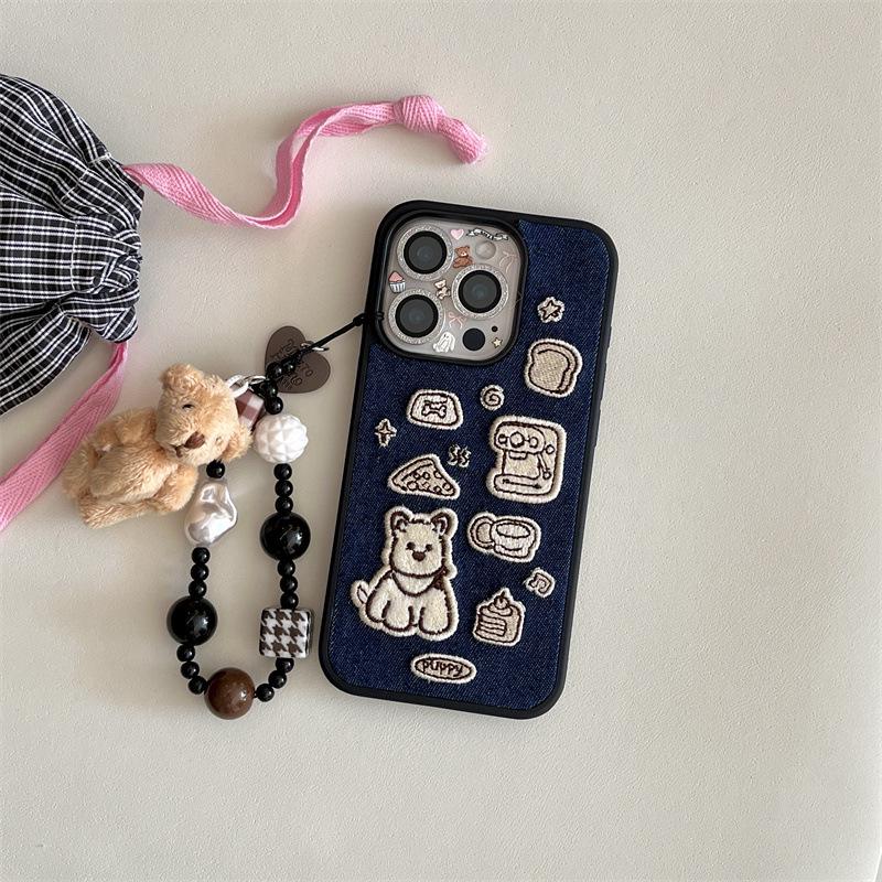 Japanese & Korean Embroidery Coffee Terrier iPhone 17/16ProMax/15/14 Case with Chain