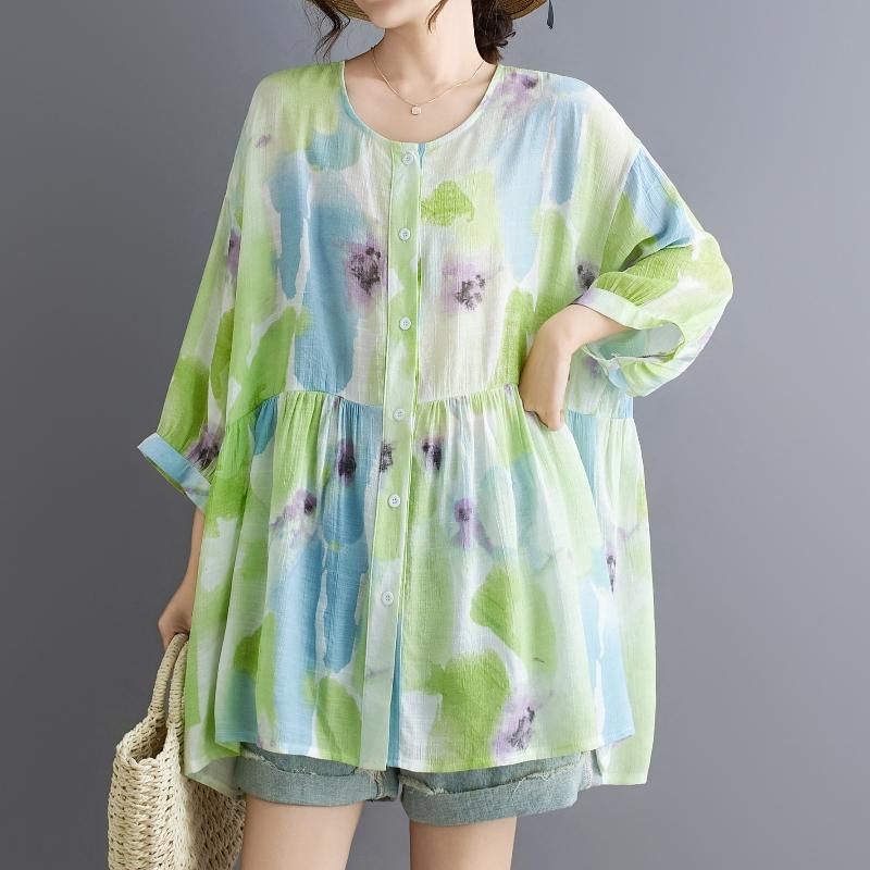 

DIMANAF 2025 Летняя рубашка больших размеров Новая блузка Женская на пуговицах С длинным рукавом Свободная С принтом Женские топы One Size зелёный