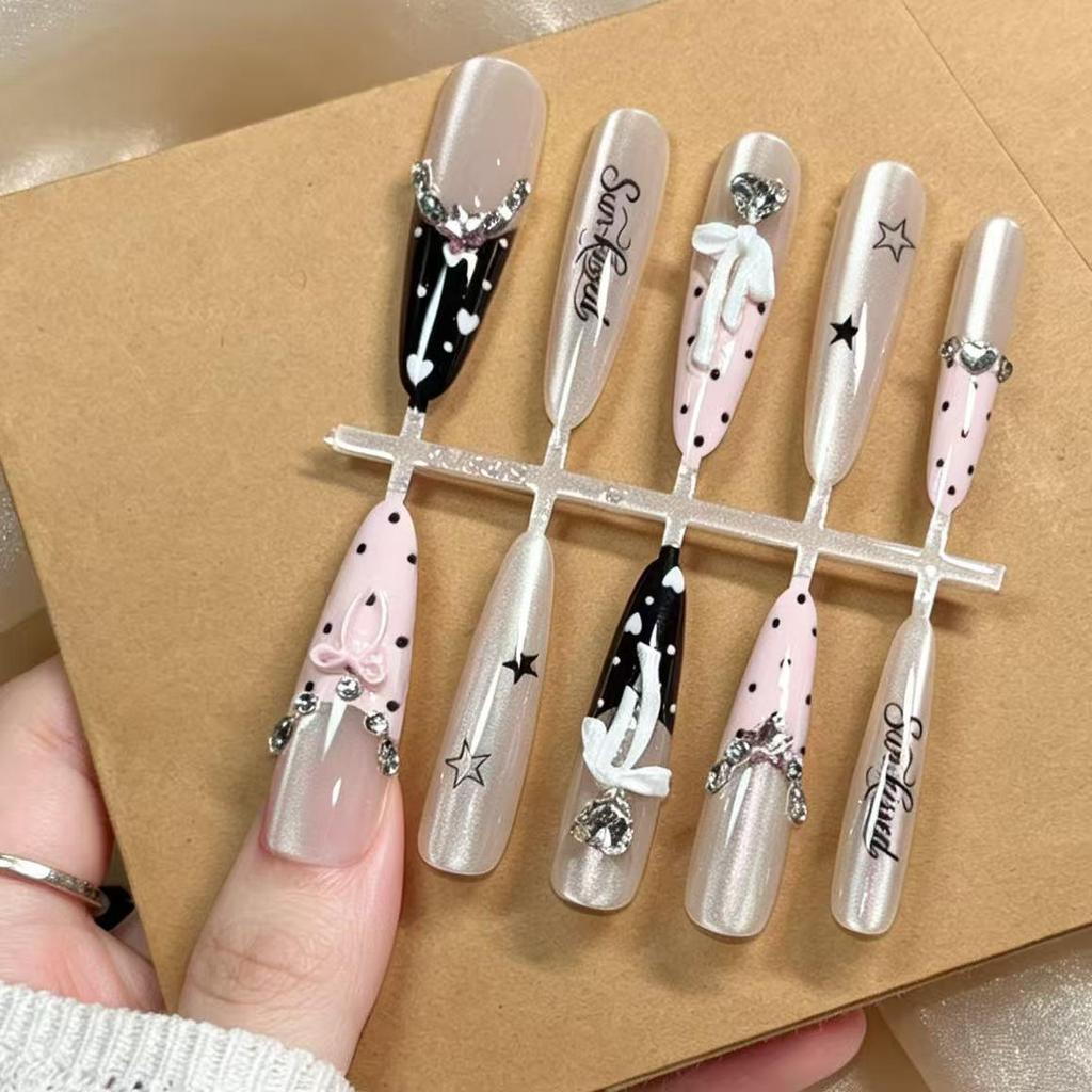 Black Pink Ballet Cool French Bow Nail Tips – New Super Sparkling, Skin-Whitening, Long-Style Nail Art