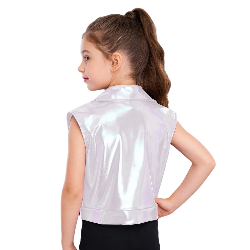 Colete jaqueta metálico brilhante unissex para crianças, com gola virada, sem mangas, peça de outer wear